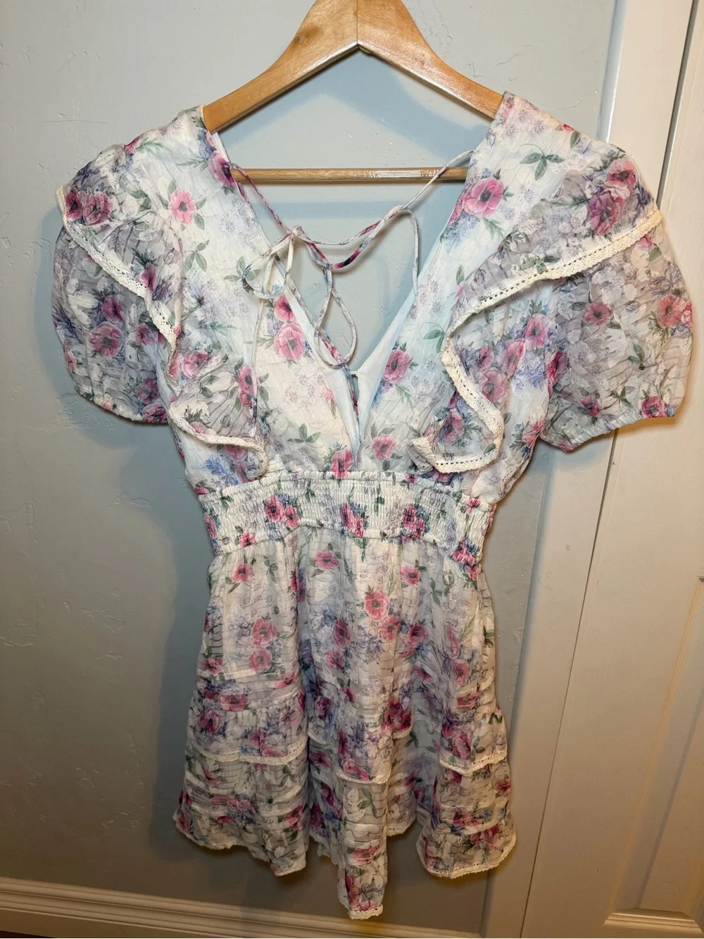 Floral Ruffled Smocked Waist Dress - Pink & Purple Floral - Picture 5 of 8